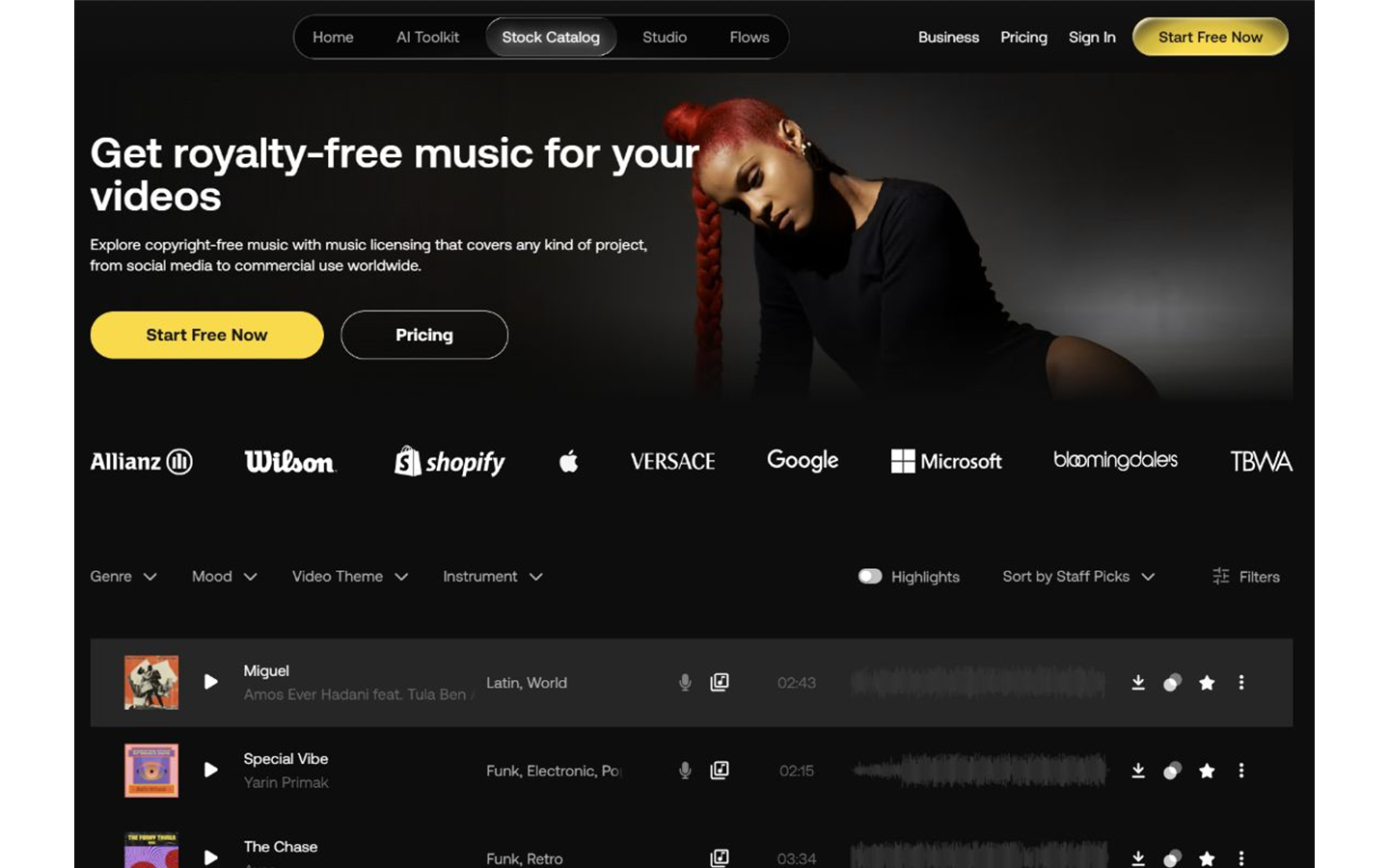 Artlist公式サイトの動画制作用音楽素材カタログとライセンス紹介画面