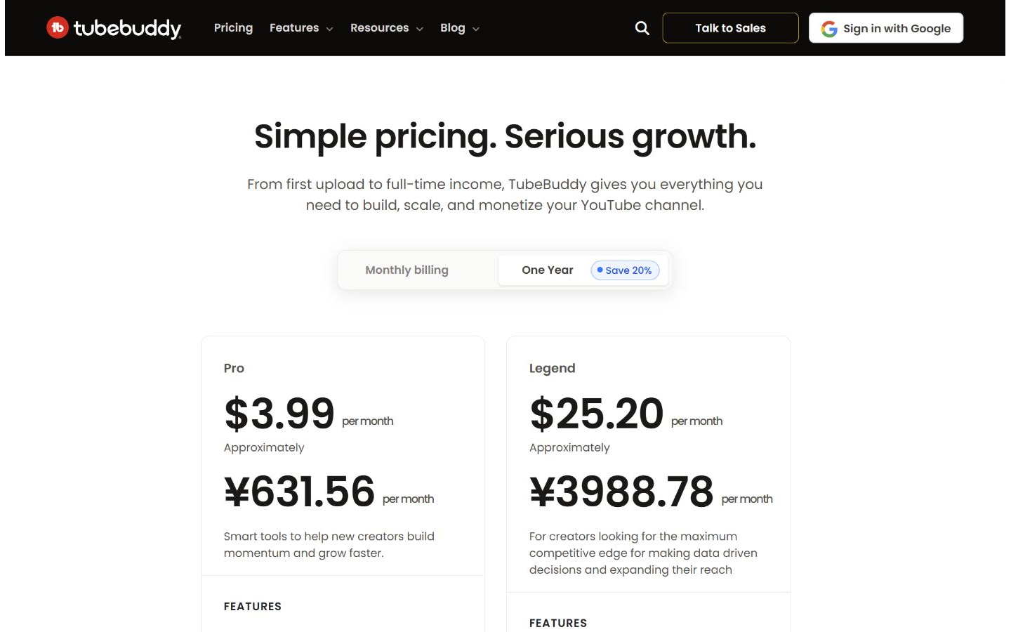 TubeBuddy公式サイトの料金プラン比較画面