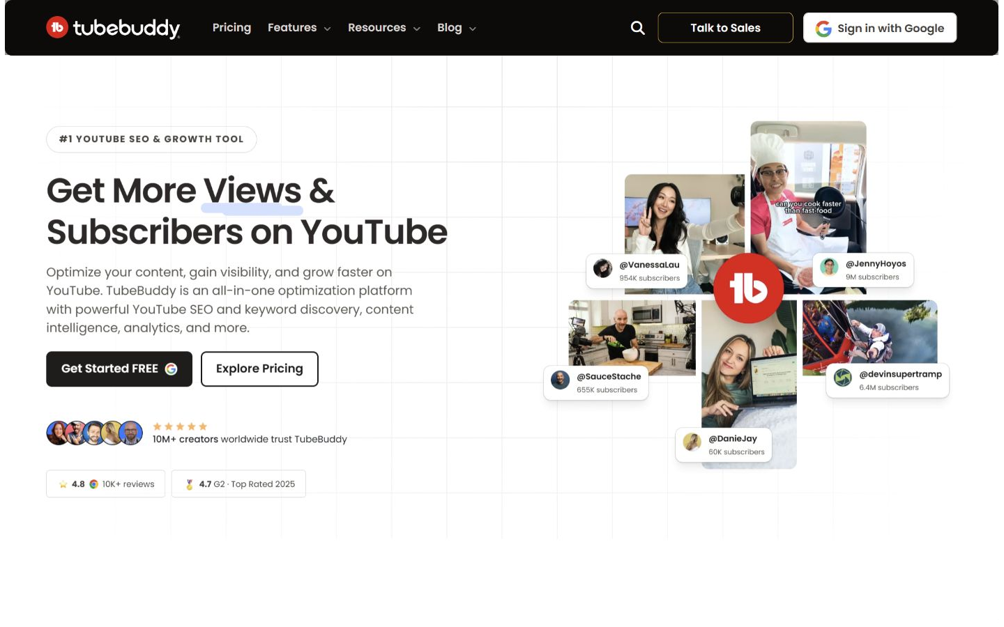 TubeBuddy公式サイトに表示されるYouTube動画管理と最適化機能の紹介画面