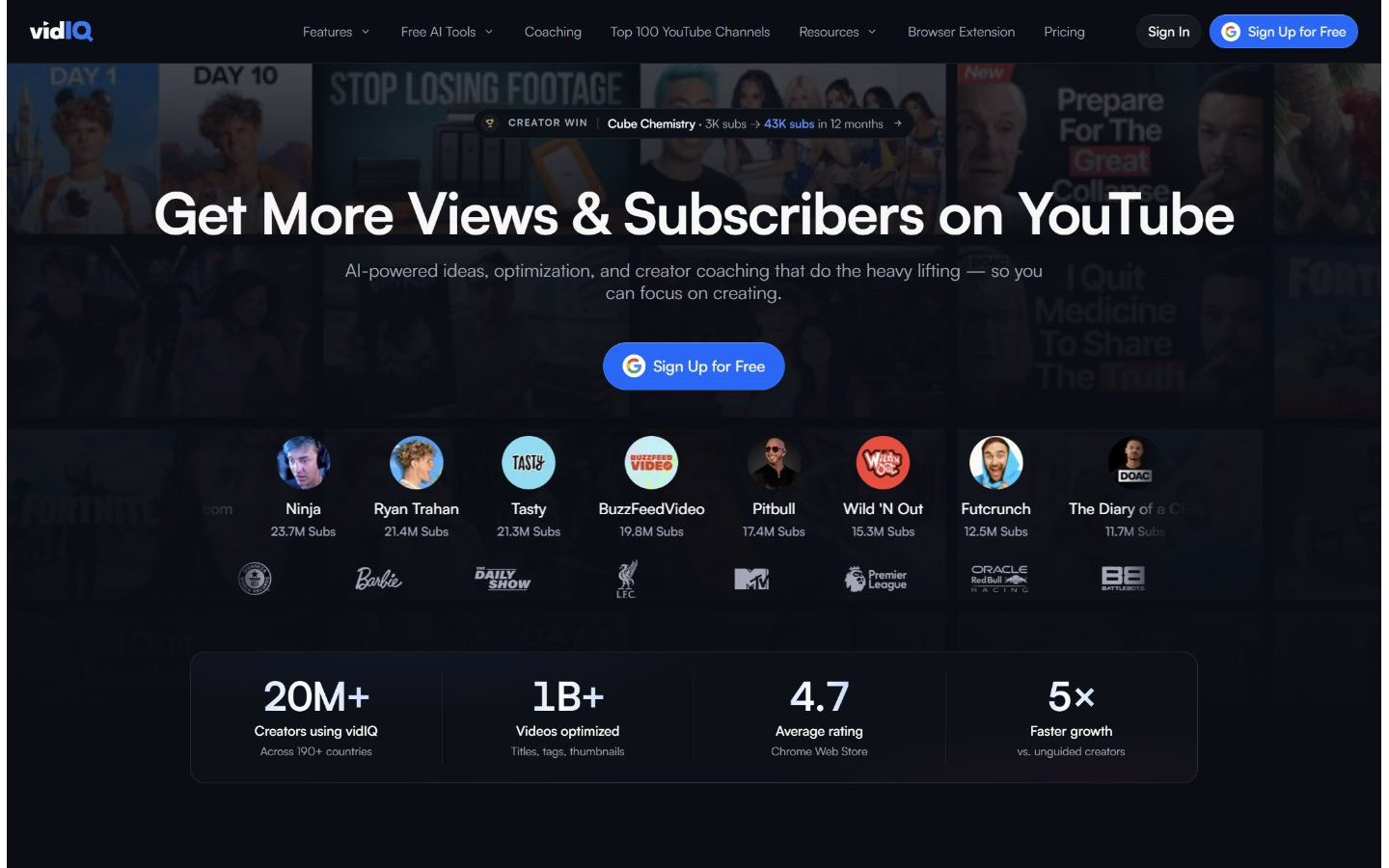 vidIQ公式サイトに表示されるYouTubeキーワード分析とチャンネル最適化ツールの紹介画面